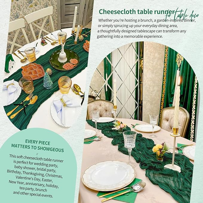 10 Pack Emerald Green Cheesecloth Table Runner 10FT Boho Gauze Cheese Cloth Table Runners Romantic Rustic Sheer Table Decorations for Wedding Party Baby Shower Birthday Holiday Home