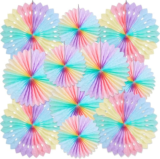 SUNBEAUTY Paper Fan, 11 Pcs Pastel Flowers for Wall, Rainbow Color-Blocking Hanging Decorations, Macarons Paper Fans Backdrop for Tea Party Weddding Spring Birthday Classroom Baby Shower Celebration