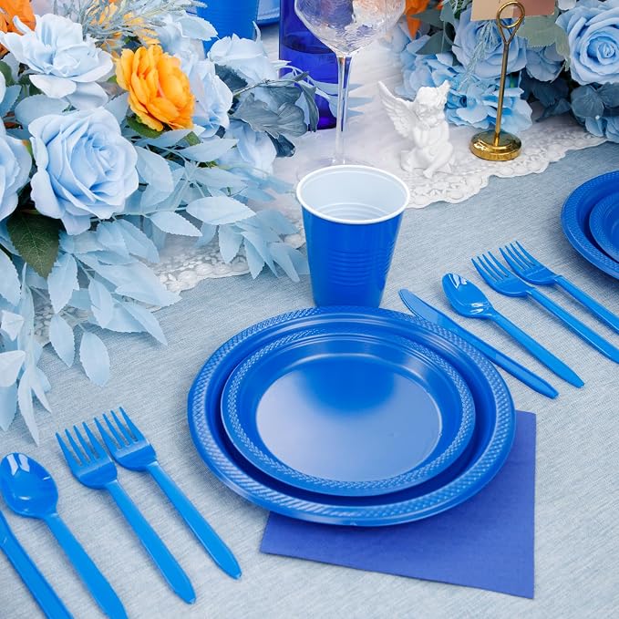 MirthMood 350 Pieces Blue Party Supplies, Disposable Dinnerware Set, Including Blue Plastic Plates and Napkins, Plastic Cutlery and 12OZ Cups,Serve 50 Guests for Party & Birthday