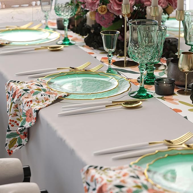 Exquisite Tinted Plates 40 Piece Plastic Disposable Plates for Party Set For 20 Guests 20 X 7.5 Dessert Plates & 20 X 10 Thin Delicate Fancy Plastic Plates Disposable Dinnerware Mint Gold Rim