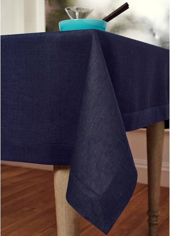 Solino Home Linen Tablecloth 60 x 120 Inch - 100% Pure Linen Chambray Navy Table Cloth for Rectangular Tables - Athena, Machine Washable Cloth Tablecloth for Summer