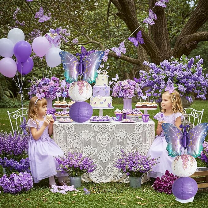 Purple Butterfly Balloon Column Stand Kit And Paper Lantern 2 Sets 5.7 Feet with Reusable Metal Telescopic Design for Butterfly Parties, Birthday Decorations,Wedding