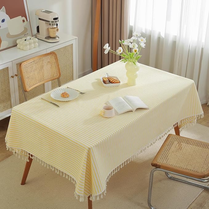 meioro Striped Tablecloth Rectangle Tablecloths Cotton Blend Table Cloth Washable Tabletop Decorative Fabric Table Cover for Kitchen Dinning (Yellow, 47 x 47 Inch)