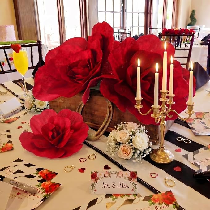 Norme 3 Pcs Artificial Giant Burgundy Velvet Run for The Rose 12, 16, 20 Inch Rose Petals Big Paper Flowers Giant Flower Decorations Large Burgundy Flowers for Valentine, Home Decor