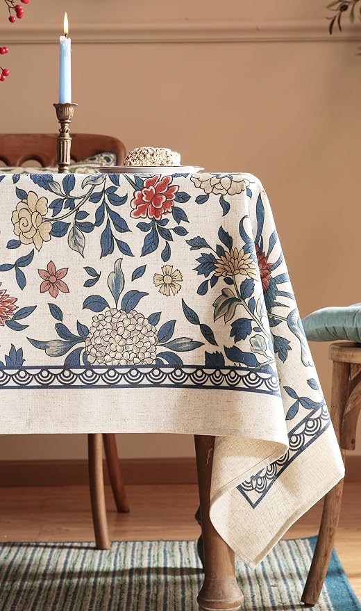 patdrea Vintage French Linen Tablecloth,Rectangular,87"x63"-Ivar A | Elegant Colorful Table Cloth for Rectangle Table,Blue and White Floral Patterned,Dining Room Tea Party Thanksgiving