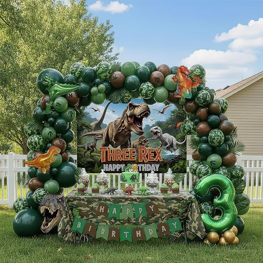 T-Rex Dinosaur Birthday Decorations include Hunter Green Brown Gold balloon arch & small Dino Foil balloons & banner backdrop & footprint stickers for Kids Boys Jungle Safari Dino 3rd Party Supplies