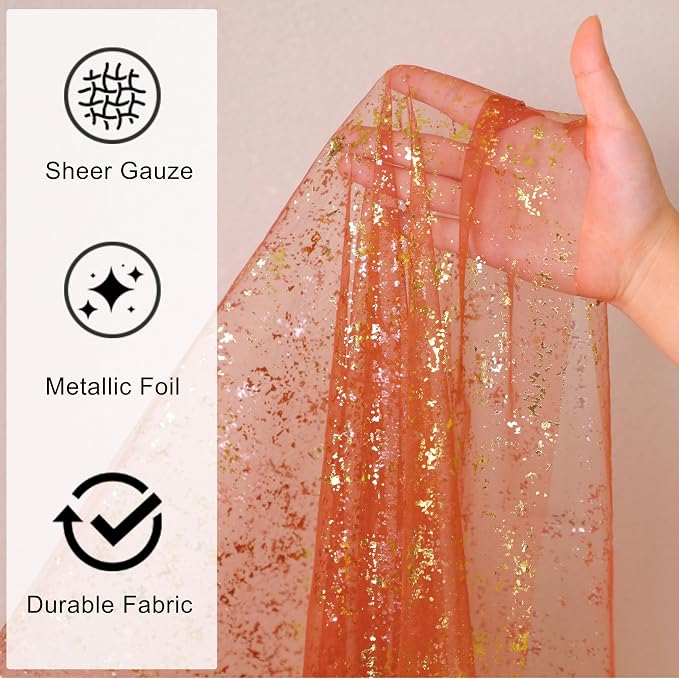 Snowkingdom 10 FT Fall Thanksgiving Table Runner Terracotta Gold Table Runner Burnt Orange Rust Sheer Chiffon Gauze Cheesecloth Golden Sequin Metallic Boho Table Decorations for Wedding Birthday