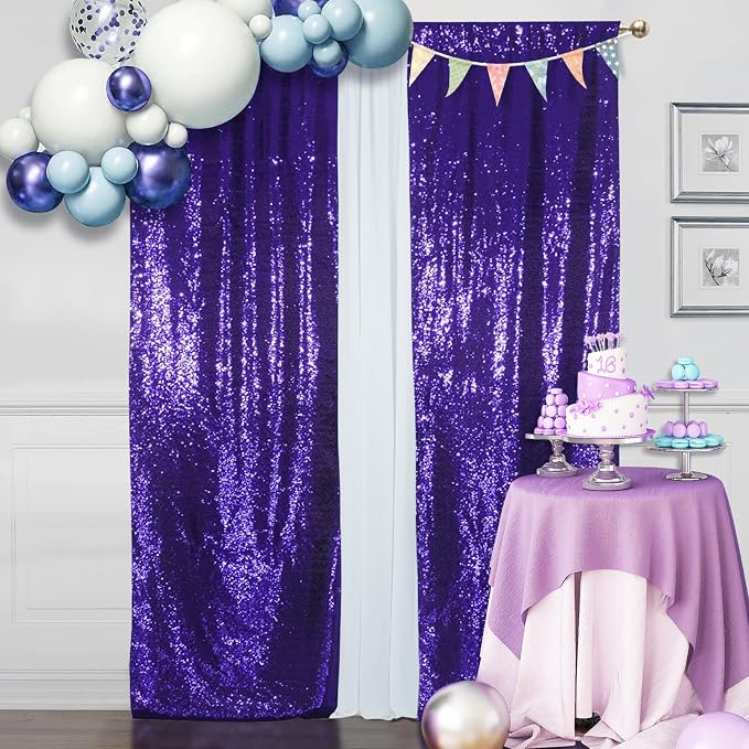 SquarePie 2 PCS 2x8ft Purple Sequin Backdrop Curtains, Satin-Backed Shimmering Photo Booth Background, 2 Panels Narrow Real Sequin Drapes with 4" Rod Pocket for Party, Baby Shower, Doorway Decor
