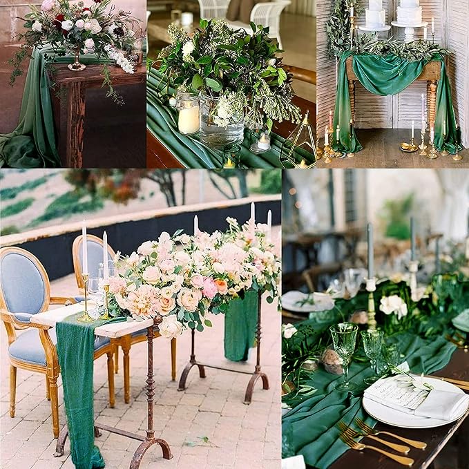 12 Packs Dark Green 10Ft Chiffon Table Runner 27x120 Inches Sheer Chiffon Table Runner Romantic Boho Rustic Wedding Table Runner for Wedding Birthday Party Decor Bridal Baby Shower Table Decoration