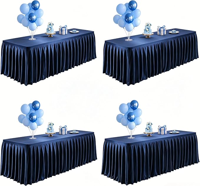 Wish Care 4 Pack Satin Table Cover Skirts for 6ft Rectangular Tables, Navy Blue Shimmer Silk Tablecloth with Floor Length Ruffle for Wedding Banquet Party Buffet Decoration