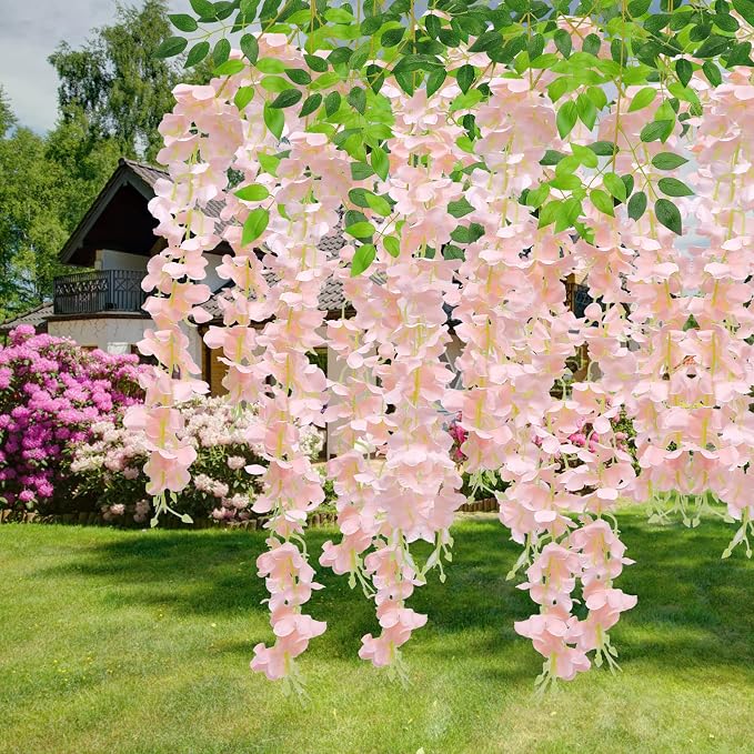 U'Artlines 24 Pack(Total 43.2 Feet) Artificial Fake Wisteria Vine Rattan Hanging Garland Silk Flowers String Home Party Wedding Decor (24, Light Pink)
