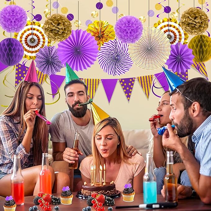 Purple Gold Party Decorations, Graduation Season Hanging Glitter Triangle Flags Banner Paper Fan Tissue Pom Poms Garlands, Women Girl Party, Bridal Shower, Purple Themed Birthday