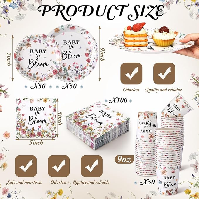Hsei 250 Pcs Baby in Bloom Baby Shower Decorations Wildflower Plates and Napkins Set Floral Party Tableware Set for 50 Guests Floral Disposable Plates Napkins Cups for Birthday Babys Shower Party