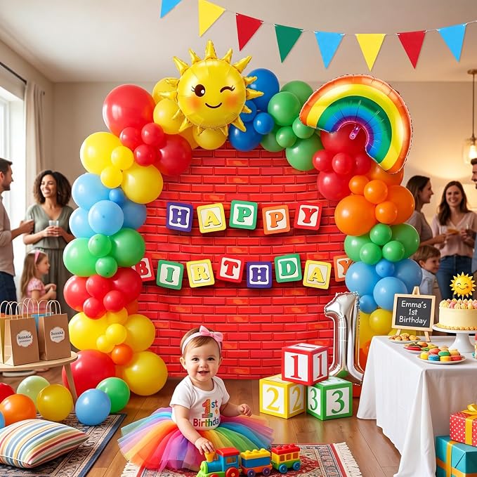 TaoBary 122 Pcs Rainbow Happy Birthday Party Decorations Kits, Friends Birthday Party Supplies, Colorful Cartoon Balloons Backdrop Banner Number Boxes for Rainbow Decoration Supplies