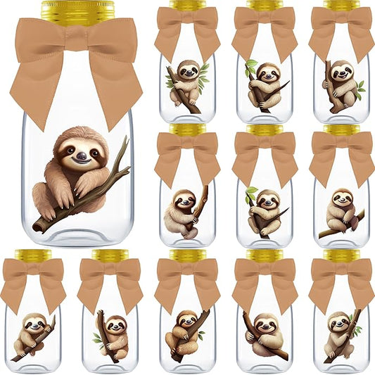 Ethisa Small 12 Pack Sloth Party Favors - DIY Candy Jars with Ribbons and Stickers - Party Decoration Bottles for Birthday, School Classroom and Baby Shower - Sloth Table Centerpiece Gifts for Kids