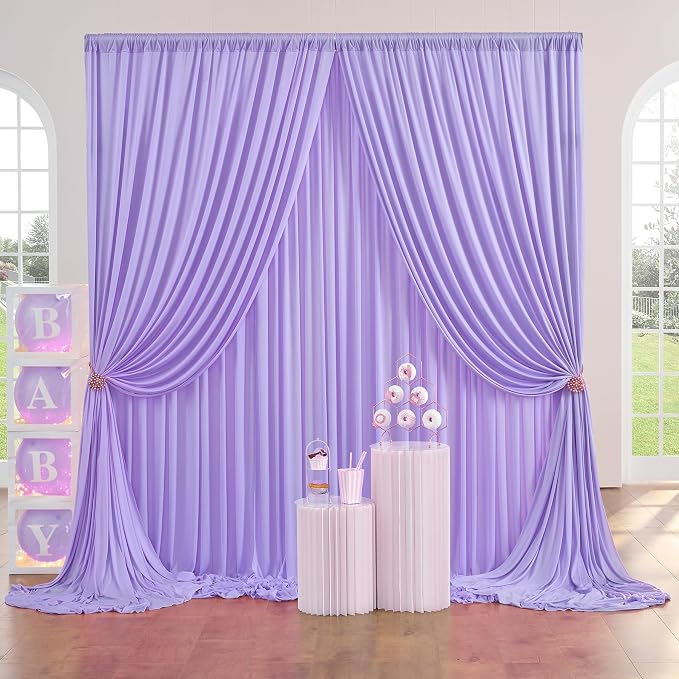 20ft×10ft Wrinkle Free Lavender Backdrop Curtain for Party, 4 Panels 5×10ft Soft Silky Polyester Light Purple Lilac Photo Backdrop Drapes for Birthday Baby Shower Mother‘s Day Wedding Photography