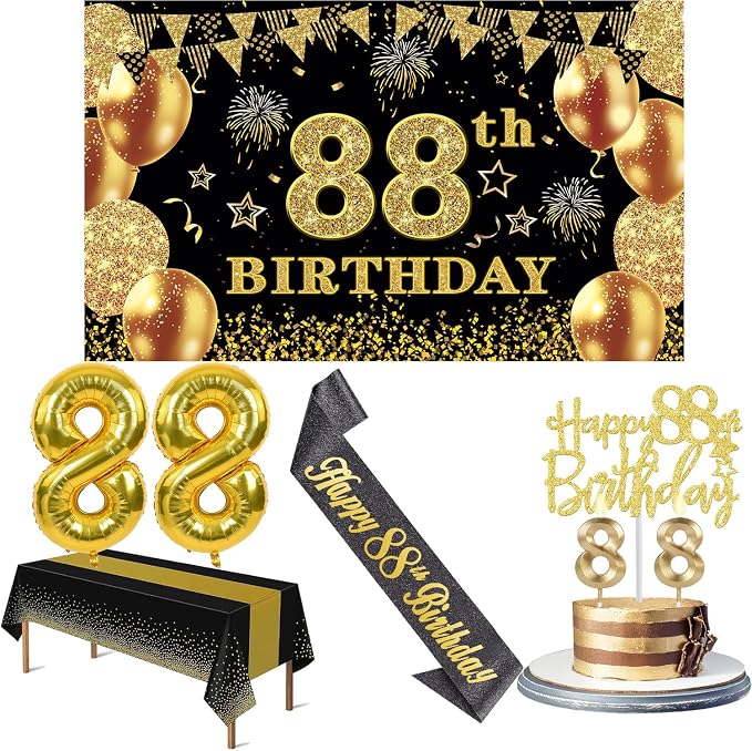 88th Birthday Decorations Men Women with 88th Birthday Banner, Black and Gold Table Cloth, Number Balloons, Sash, Cake Topper and Candles