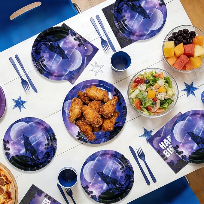 96Pcs Wolf Birthday Party Decorations Galaxy Wolf Plates and Napkins Black Purple Galaxy Disposable Paper Tableware Set for Animal Theme Birthday Outdoor Holiday Party Supplies Serves 24