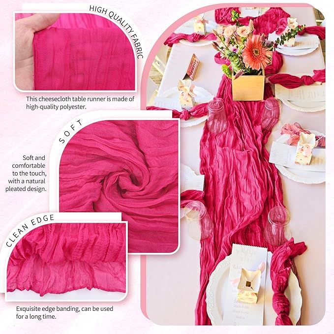 2 Pack Cheesecloth Table Runner 10FT Hot Pink Table Runner Boho Gauze Cheese Cloth Table Runners Long Rustic Sheer Table Decorations for Wedding Party Baby Bridal Shower Birthday Holiday Home