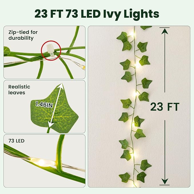 HEYFUNi 23ft Pre-Wrapped Ivy Vine Lights with 73 LEDs, USB or Battery Operated Artificial Greenery Garland for Bedroom Aesthetic, Dorm Room, Wedding Backdrop, Boho Wall Decor, Warm White