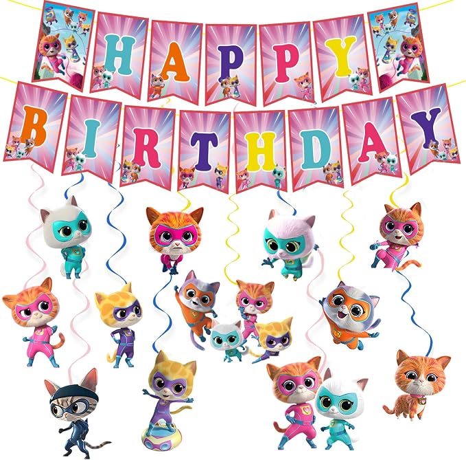 Kitties Birthday Party Supplies. Cat Theme Banner and 24 Hanging Swirl Decorations, Cute Kitties Party Decor for Girls, Boys, and Kids Birthday Celebration