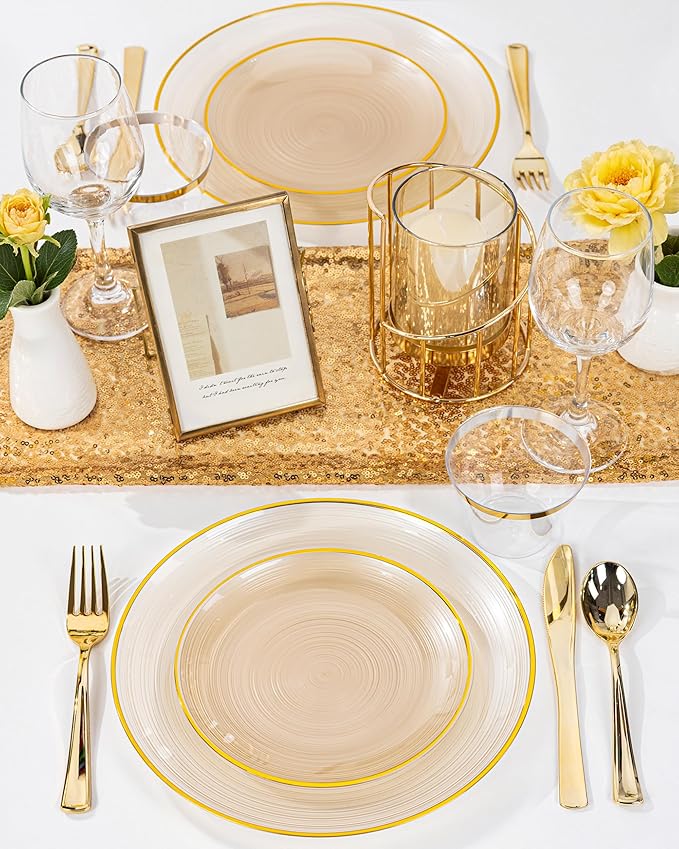Morejoy 175PCS Clear Brown Plastic Plates - Disposable Gold Party Plates & Pre Rolled Napkins with Cutlery for 25 Guests, 50Plates, 75Silverware, 25Cups, 25Napkin for Wedding & Party