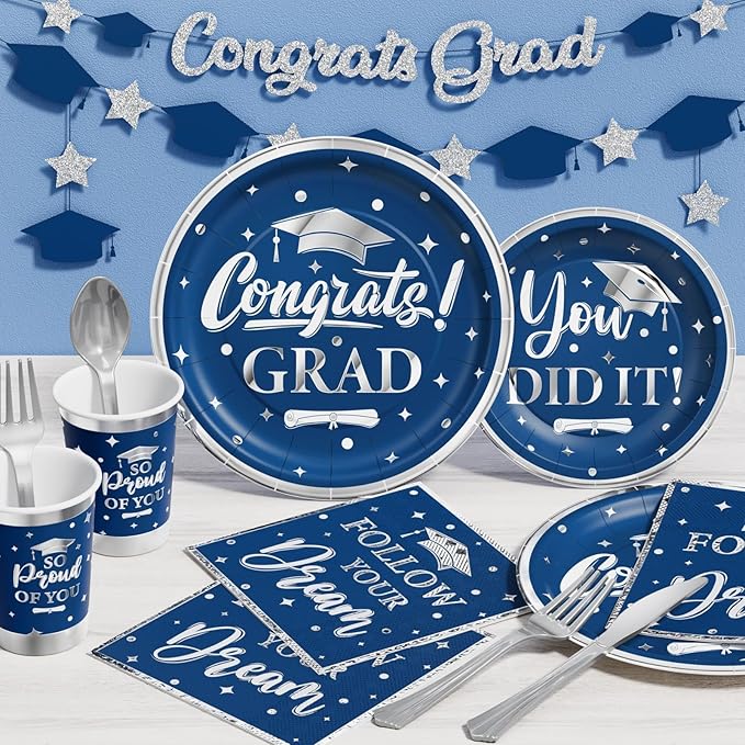 Ecomore Graduation Decoration Class of 2026, 350PCS Graduation Party Supplies for College High School Disposable Dinnerware(Serve 50) with Paper Plates Cup Napkin Fork Knife Spoon (Navy Blue & Silver)