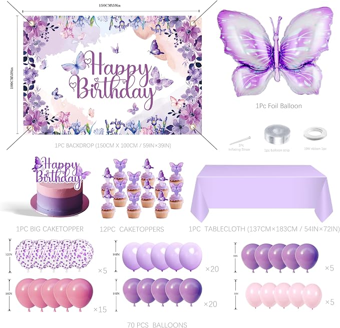 Purple Butterfly Birthday Decorations Balloon Arch Kit - Glitter Butterfly Party Supplies with Garland, Backdrop, Centerpieces for Women Girls Birthday Party Decor