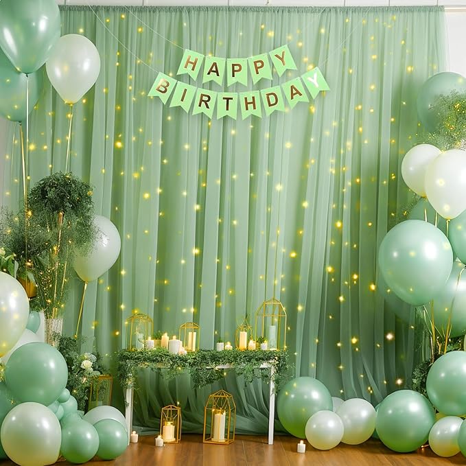 20x10ft Olive Green Tulle Backdrop Curtain with Lights String for Parites, Sheer Backdrop Curtains for Wedding Baby Shower Birthday Party Photo Shoot Decorations
