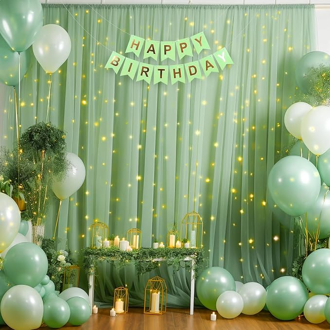 20x10ft Green Tulle Backdrop Curtain with Lights String for Parites, Sheer Photo Backdrop Curtains with Lights for Wedding Backdrop Ceremony Reception Bridal Shower Baby Shower Birthday Party