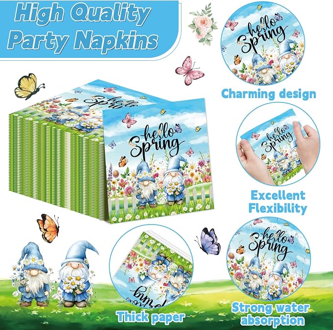 96Pcs Spring Party Supplies Hello Spring Paper Plates and Napkins Gnome Flower Butterfly Truck Tableware Disposable Dessert Dinnerware for Baby Shower Party for 24 Guests