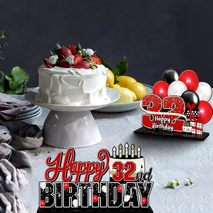 LINGTEER Happy 32nd Birthday Red Acrylic Table Topper Centerpieces Set - Cheers to 32 Years Old Birthday 32nd Bday Party Gift Decorations.