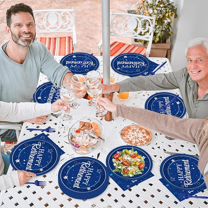 Qyeahkj 50 Guests Retirement Plates and Napkins Party Supplies Happy Retirement Party Decorations Disposable Tableware Set Sliver Blue Dinnerware Favor for Women Men Graduations Theme Party, 200PCS