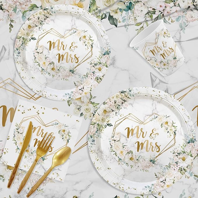 MEHOFOND 193 pcs White Wedding Party Decorations, Mr and Mrs Paper Plates Cup and Nakpins Set, 7x5ft Mr and Mrs Floral Backdrop for Bridal Shower White Flowers Gold Dots Glitter Photography Bac