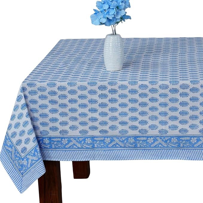 Ridhi Cerulean Blue Hand Block Print Cotton Rectangle Tablecloth 118" x 70" inches Reusable Table Cover Decorative Everyday Use for Dining Room, Farmhouse, Home Gift for Spring, Mother's Day