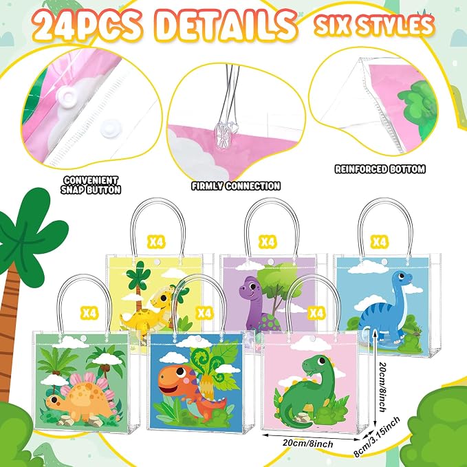 Teenyyou 24 Pcs Dinosaur Clear Gift Bags with Handles Cute Dinosaur Party Favor Candy Snack Treat Bags for Birthday Baby Shower Dino Theme Party Supplies