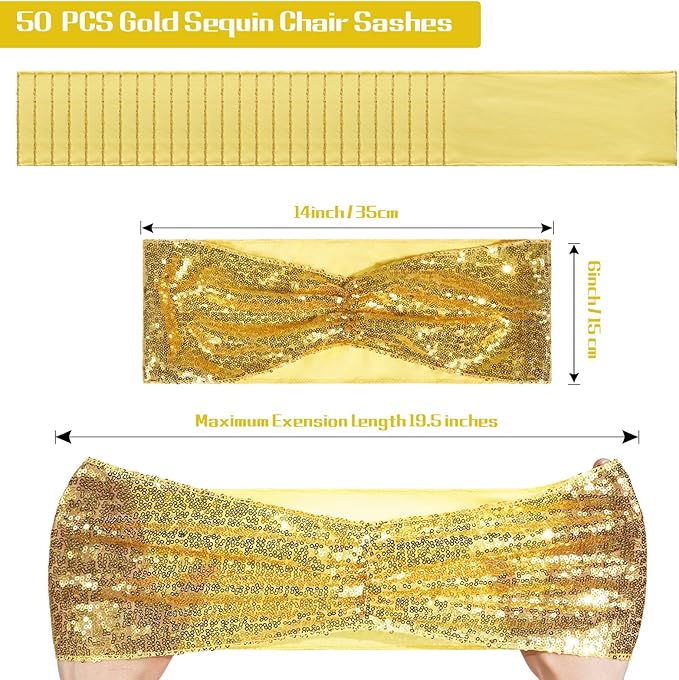 SquarPie Pack of 50 Chair Sashes Bands Gold Stretch Spandex One-Sided Sequin Chair Back Cover Ties Bows for Wedding Party Fiesta Decor