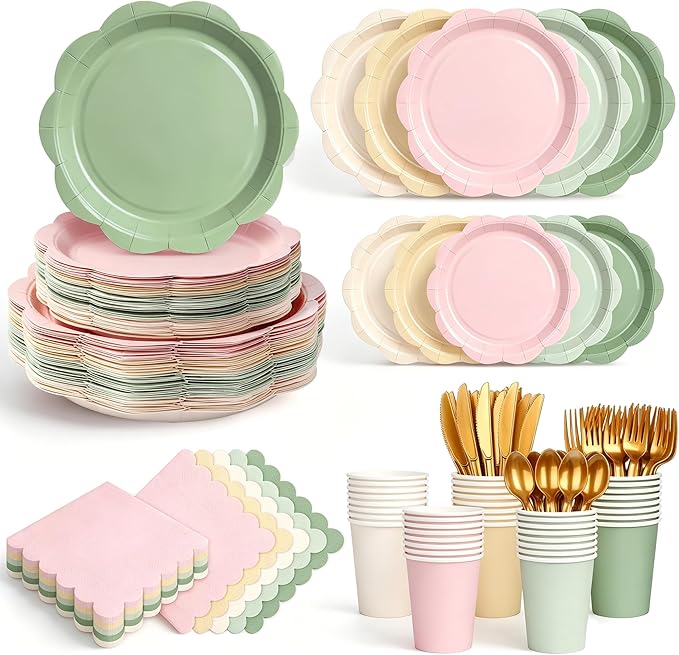 350 Pcs Sage and Pink Paper Plates and Napkins Party Supplies - Pink and Green Birthday Decoration Include Dusty Pink Sage Green Scalloped Plate Napkin Cup & Cutlery for Baby Shower, Wedding, Birthday