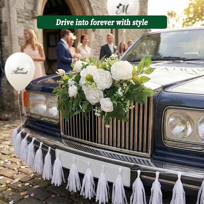 10 Pcs Upgraded Just Married Car Decoration Kit – Elegant Flower Garland Wedding Car Decor with Banners, Tassel & Sticker, Mr & Mrs Balloons, Romantic Accessories for Ceremony, Party & Bridal Shower