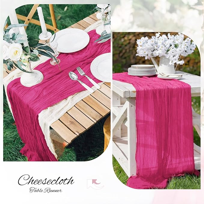 Showgeous 10 Pack Hot Pink Cheesecloth Table Runner, 10FT Long Semi-Sheer Boho or Rustic Gauze Table Runner Wedding Table Decor for Wedding Decor Arch Draping Bridal Shower Holiday Party