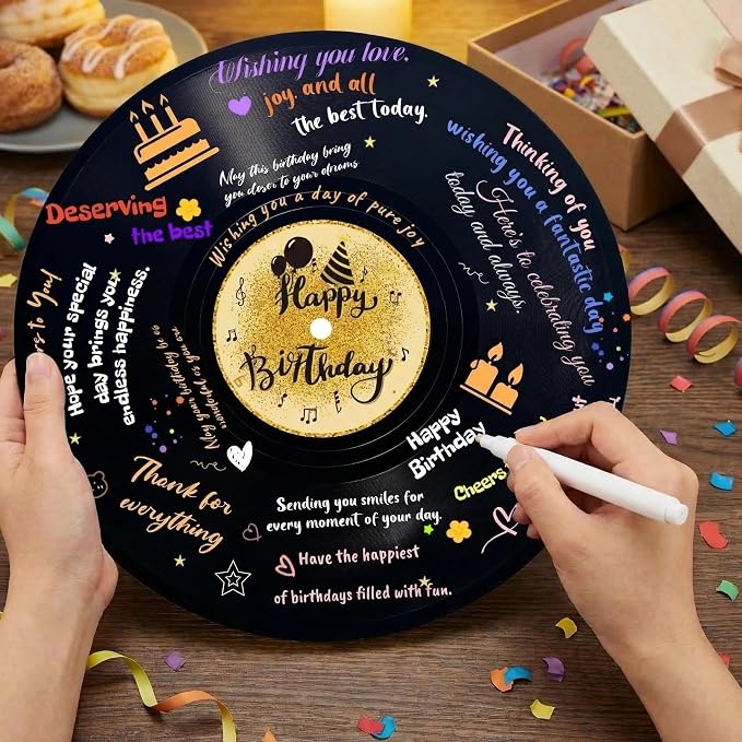 ReeGii Vinyl Record Guest Book for Birthday Decorations - Large 11.6"x11.6" Birthday Party Sign Poster with 12 Pens,Unique Keepsake Gift for Friends and Family