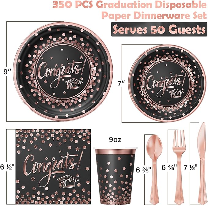 Ecomore 2026 Graduation Party Decoration - 350 PCS Black Pink Rose Gold Grad Supplies Disposable Dinnerware (Severs 50) w/Paper Plates Napkin Cup Plastic Cutlery for College High School Class of 2026