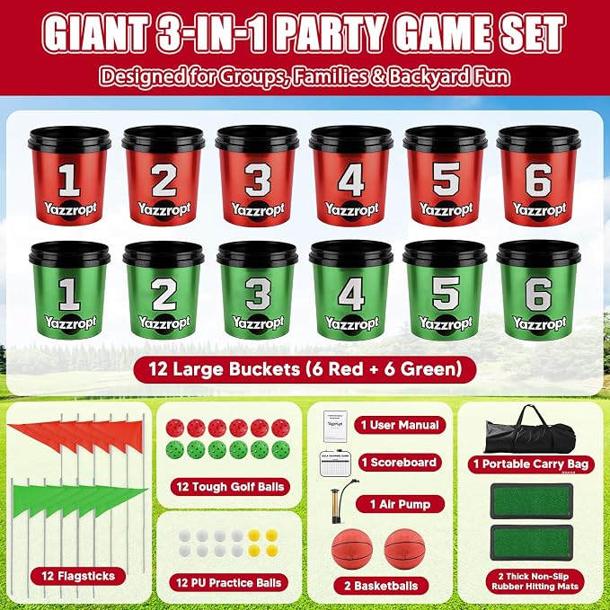 Giant 3-in-1 Outdoor Backyard Party Game Set – Bucket Golf, Yard Pong Basketball & Toss Games – Large Outdoor/Indoor Lawn Games for Adults & Families, Beach & Camping