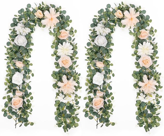 Waipfaru 2Pcs 6Ft Eucalyptus Greenery Garland with Flowers, Flower Rose Garland Decorations for Wedding Table Runner Centerpieces Backdrop Party Room Decor (White)