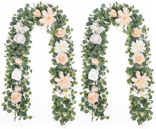 Waipfaru 2Pcs 6Ft Eucalyptus Greenery Garland with Flowers, Flower Rose Garland Decorations for Wedding Table Runner Centerpieces Backdrop Party Room Decor (White)