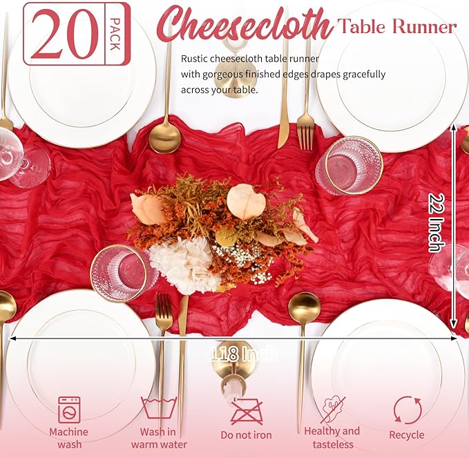 20 Pack Red Table Runner 10FT Long Cheesecloth Table Runner Cheese Cloth Gauze for Wedding Party Birthday Decoration-Red