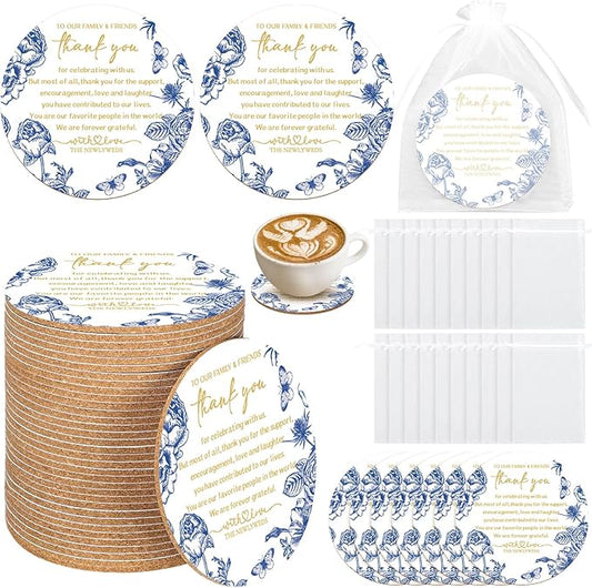 Hushee 200 Pcs Wedding Favors for Guests Blue White Floral Cork Coasters Bulk Bridal Shower Thank You Gifts Chinoiserie Wedding Souvenirs for Guests Blue Floral Engagement Bachelorette Party Supplies