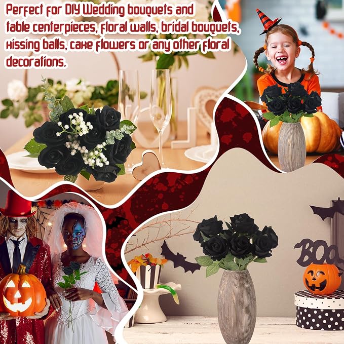 36 Pcs Black Rose Bouquet Bridal Artificial Flowers | Fake Rose Long Stem Realistic Artificial Flowers Bulk for Wedding Bouquet Ball Arrangement Centerpiece Party Decor