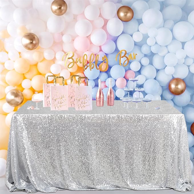 B-COOL Silver Sequin Table Cloth Christmas 90x156 Inch Rectangle Sequin Tablecloth Halloween Silver Seamless Table Linens Christmas Glitter Tablecloth Wedding Event Decorations