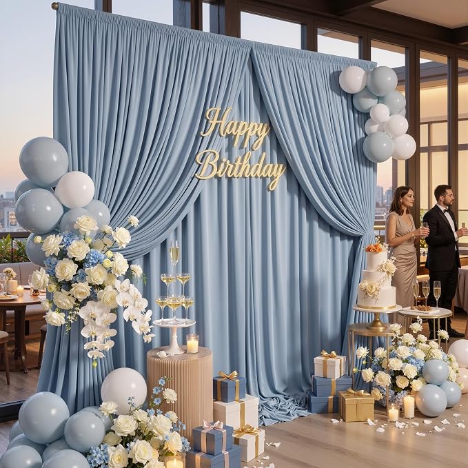 10x10ft Wrinkle Free Dusty Blue Backdrop Curtains for Parties, 2 Panels 5x10ft Silky Polyester Photo Backdrop Drapes Back Drop Cloth for Wedding Birthday Photography Background